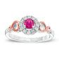 4.3mm Lab-Created Ruby and White Sapphire Frame Heart-Shaped Ribbon Ring in Sterling Silver and Solid 10K Rose Gold