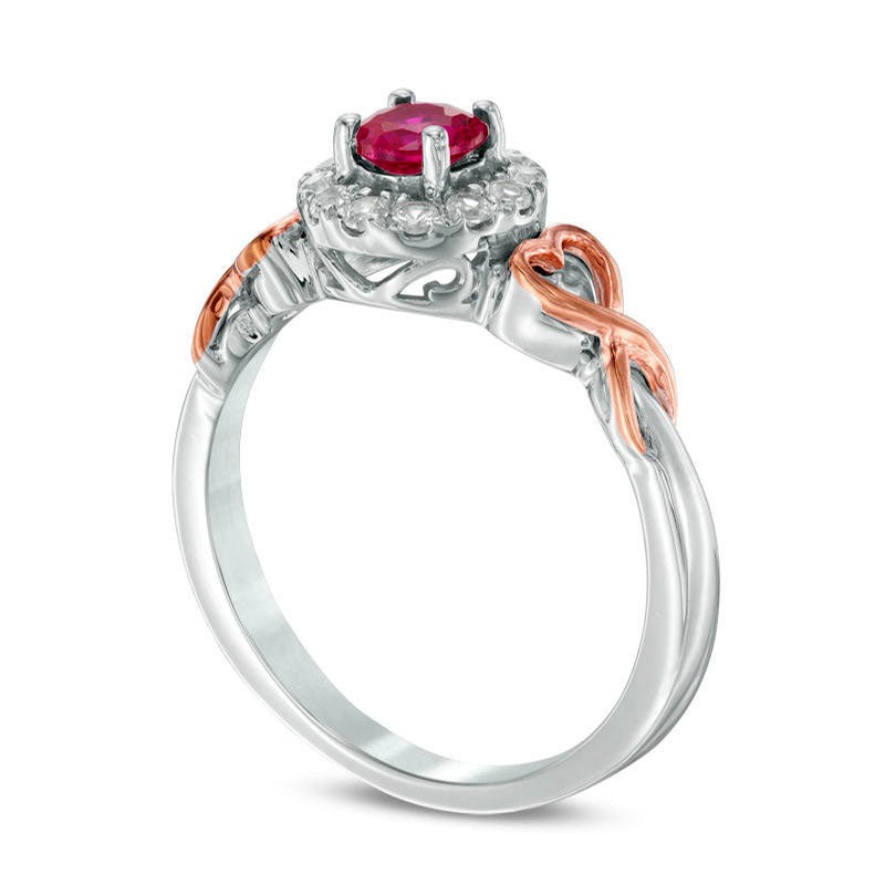 4.3mm Lab-Created Ruby and White Sapphire Frame Heart-Shaped Ribbon Ring in Sterling Silver and Solid 10K Rose Gold
