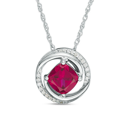 7.0mm Cushion-Cut Lab-Created Ruby and 0.1 CT. T.W. Diamond Swirling Circle Pendant in Sterling Silver