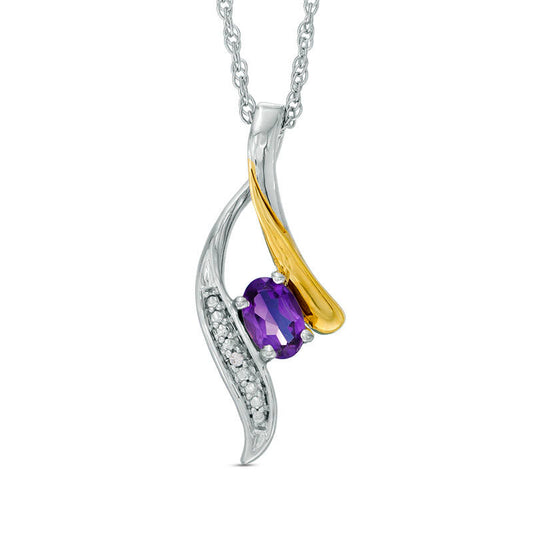 Oval Amethyst and Natural Diamond Accent Abstract Wishbone Pendant in Sterling Silver and 10K Yellow Gold
