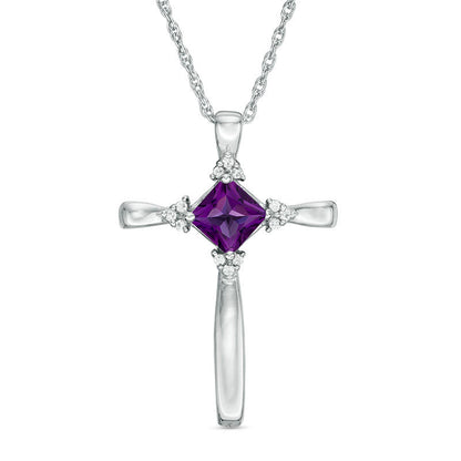 5.0mm Princess-Cut Amethyst and Natural Diamond Accent Tri-Sides Cross Pendant in Sterling Silver