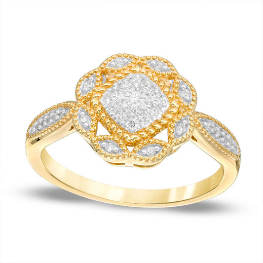 0.13 CT. T.W. Composite Natural Diamond Flower Antique Vintage-Style Ring in Solid 10K Yellow Gold