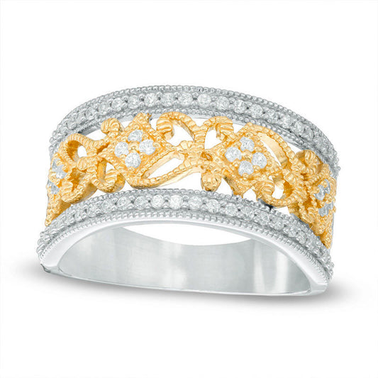 0.33 CT. T.W. Natural Diamond Scroll Antique Vintage-Style Band in Solid 10K Two-Tone Gold