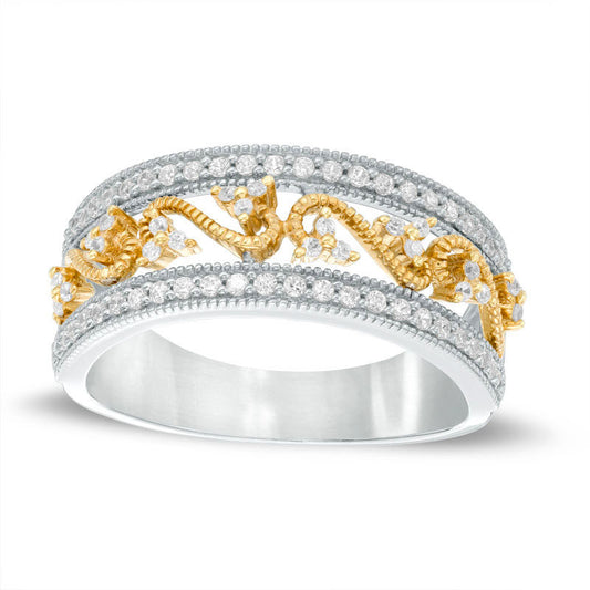 0.33 CT. T.W. Natural Diamond Scroll Filigree Antique Vintage-Style Band in Solid 10K Two-Tone Gold