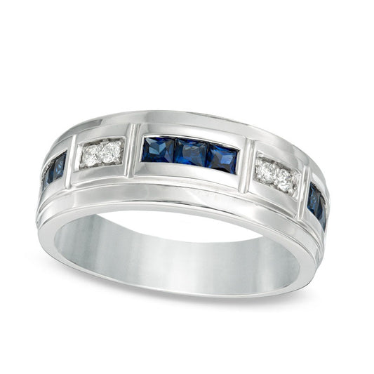 Mens Lab-Created Blue Sapphire and 0.10 CT. T.W. Diamond Alternating Band in Solid 10K White Gold