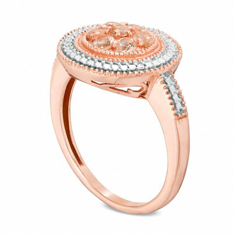 Morganite Cluster and Natural Diamond Accent Antique Vintage-Style Beaded Frame Ring in Solid 10K Rose Gold