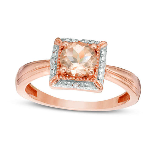 6.0mm Morganite and Natural Diamond Accent Beaded Square Frame Ring in Solid 10K Rose Gold