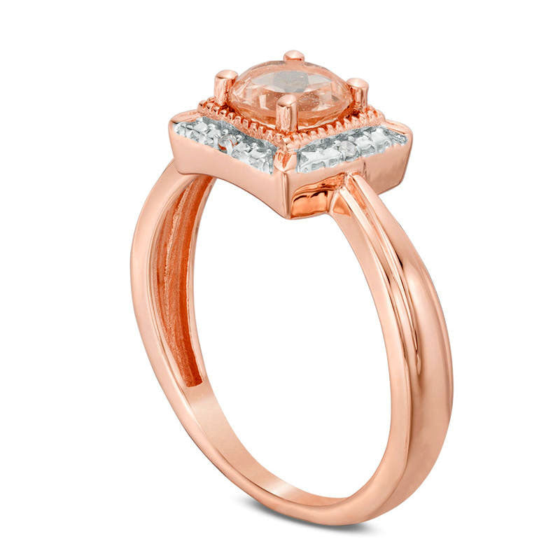 6.0mm Morganite and Natural Diamond Accent Beaded Square Frame Ring in Solid 10K Rose Gold