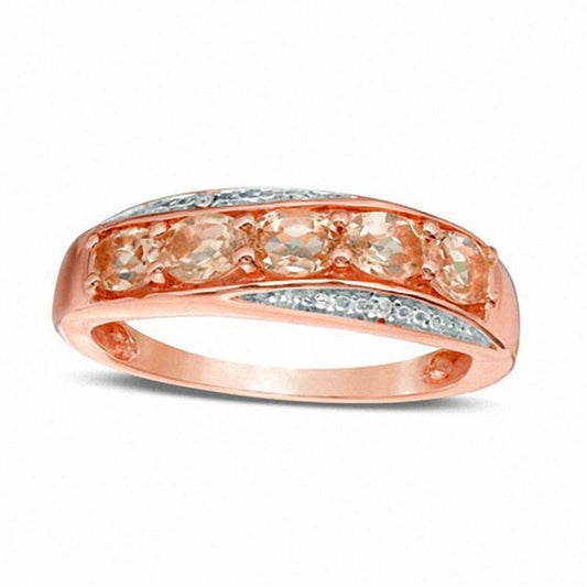 Oval Morganite and Natural Diamond Accent Beaded Five Stone Slant Ring in Solid 10K Rose Gold