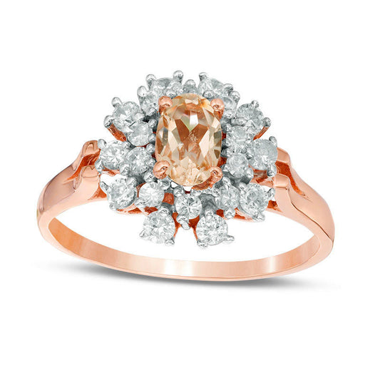 Oval Morganite and White Sapphire Floral Frame Ring in Solid 10K Rose Gold