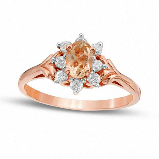 Oval Morganite and White Sapphire Sunburst Frame Ring in Solid 10K Rose Gold