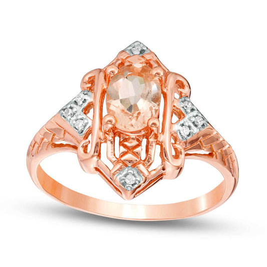 Oval Morganite and White Sapphire Art Deco Frame Ring in Solid 10K Rose Gold