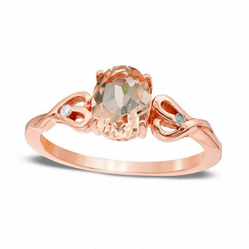 Oval Morganite and Natural Diamond Accent Heart Sides Ring in Solid 10K Rose Gold