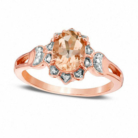 Oval Morganite and Natural Diamond Accent Beaded Sunburst Frame Ring in Solid 10K Rose Gold