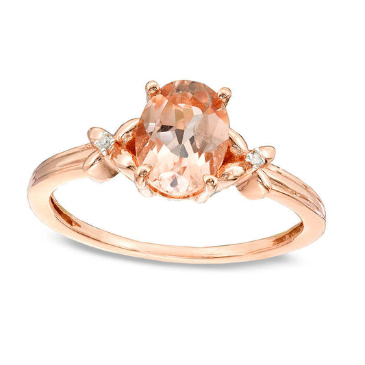 Oval Morganite and Natural Diamond Accent X Ring in Solid 10K Rose Gold