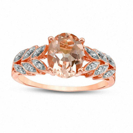 Oval Morganite and White Sapphire Leaf Split Shank Ring in Solid 10K Rose Gold