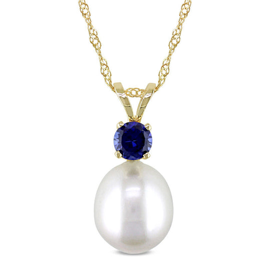 8.0 - 8.5mm Baroque Cultured Freshwater Pearl and Blue Sapphire Pendant in 14K Gold - 17"