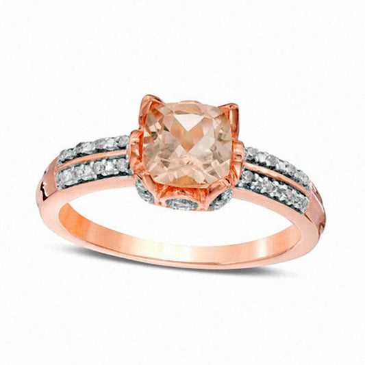 6.0mm Cushion-Cut Morganite and Natural Diamond Accent Double Row Ring in Solid 10K Rose Gold
