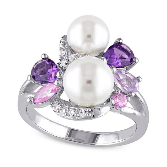 Cultured Freshwater Pearl Amethyst and Lab-Created Pink and White Sapphire Cluster Ring in Sterling Silver