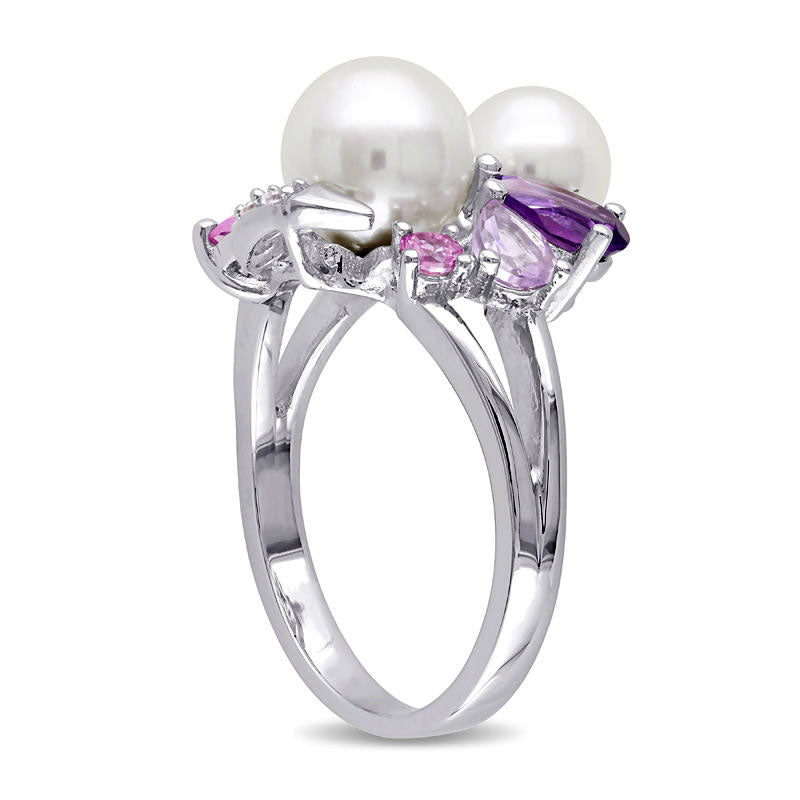 Cultured Freshwater Pearl Amethyst and Lab-Created Pink and White Sapphire Cluster Ring in Sterling Silver