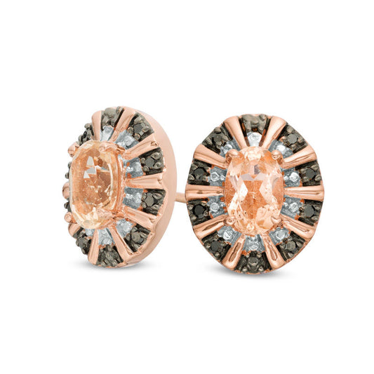 Oval Morganite and Enhanced Black Diamond Accent Beaded Double Frame Stud Earrings in 10K Rose Gold