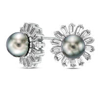 8.0mm Grey Cultured Tahitian Pearl and Baguette Lab-Created White Sapphire Flower Frame Stud Earrings in Sterling Silver