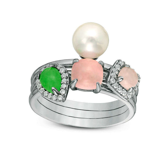 Cultured Freshwater Pearl and Green and Rose Quartz with White Topaz Three Piece Stackable Ring Set in Sterling Silver