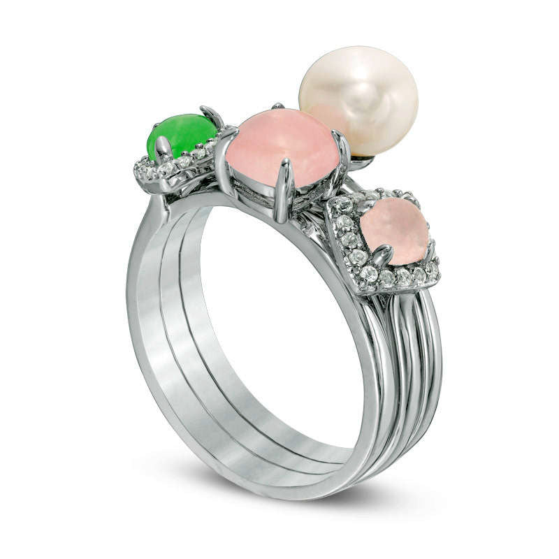 Cultured Freshwater Pearl and Green and Rose Quartz with White Topaz Three Piece Stackable Ring Set in Sterling Silver
