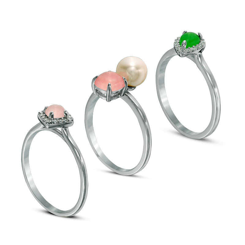 Cultured Freshwater Pearl and Green and Rose Quartz with White Topaz Three Piece Stackable Ring Set in Sterling Silver