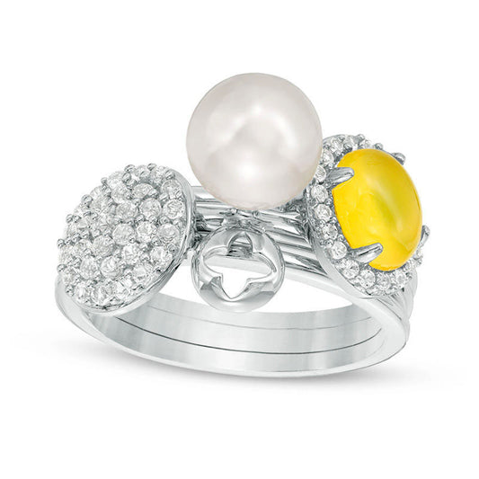 Cultured Freshwater Pearl Dyed Lemon Quartz and White Topaz Three Piece Stackable Ring Set in Sterling Silver