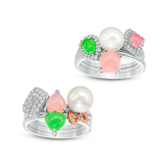 7.0 - 7.5mm Cultured Freshwater Pearl and Multi-Gemstone with Natural Diamond Accent Six Piece Ring Set in Sterling Silver