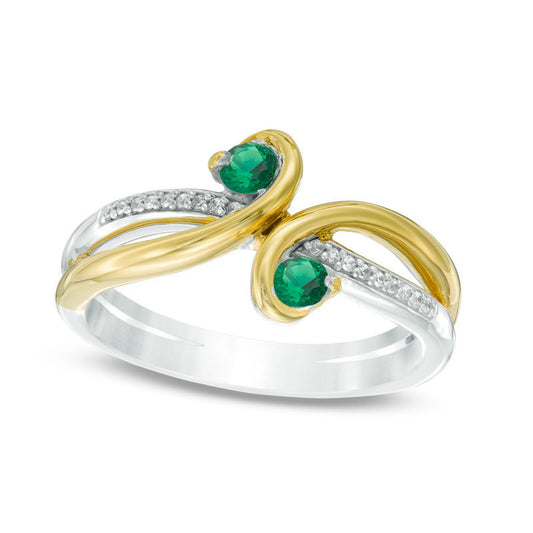 Lab-Created Emerald and Diamond Accent Split Shank Bypass Ring in Sterling Silver and Solid 10K Yellow Gold