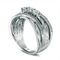 Lab-Created White Sapphire and Diamond Accent Three Stone Multi-Row Crossover Ring in Sterling Silver