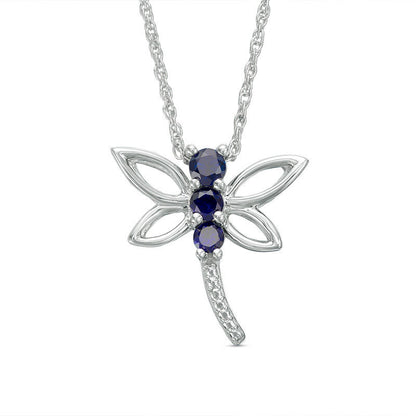 Lab-Created Blue Sapphire Beaded Dragonfly Pendant in Sterling Silver