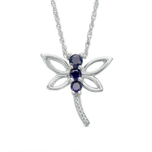 Lab-Created Blue Sapphire Beaded Dragonfly Pendant in Sterling Silver