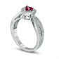 Lab-Created Ruby and Diamond Accent Three Stone Heart Split Shank Ring in Sterling Silver