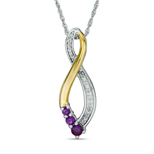 Amethyst and Natural Diamond Accent Three Stone Infinity Pendant in Sterling Silver and 10K Yellow Gold