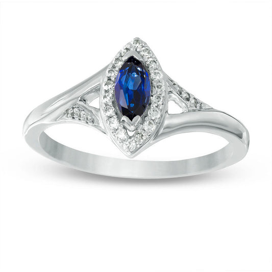Marquise Lab-Created Blue Sapphire and 0.10 CT. T.W. Diamond Frame Split Shank Ring in Sterling Silver