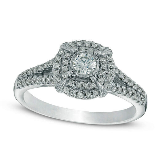 0.50 CT. T.W. Natural Diamond Double Cushion Frame Antique Vintage-Style Engagement Ring in Solid 10K White Gold