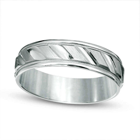 Mens 6.0mm Brushed Milgrain Slant Comfort Fit Wedding Band in Solid 14K White Gold