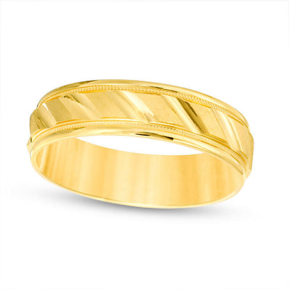 Mens 6.0mm Brushed Milgrain Slant Comfort Fit Wedding Band in Solid 14K Gold