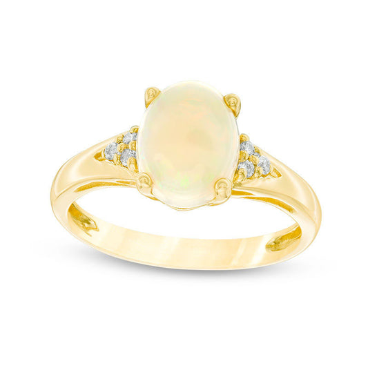 Oval Opal and Natural Diamond Accent Tri-Sides Ring in Solid 14K Gold