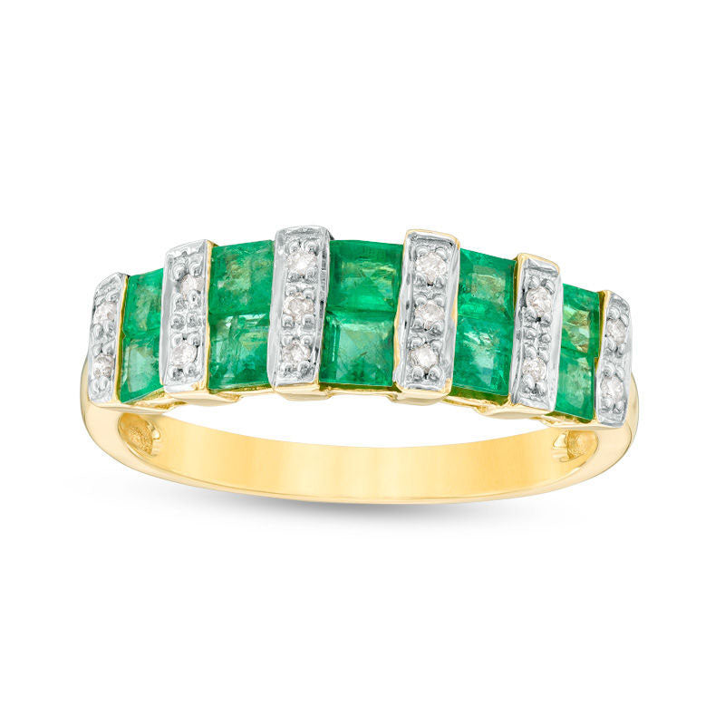 Princess-Cut Emerald and Natural Diamond Accent Bar Alternating Double Row Band in Solid 14K Gold