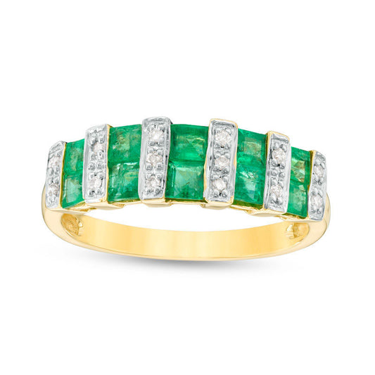 Princess-Cut Emerald and Natural Diamond Accent Bar Alternating Double Row Band in Solid 14K Gold