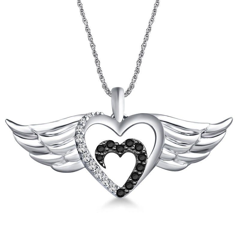 0.13 CT. T.W. Enhanced Black and White Natural Diamond Double Winged Hearts Pendant in Sterling Silver