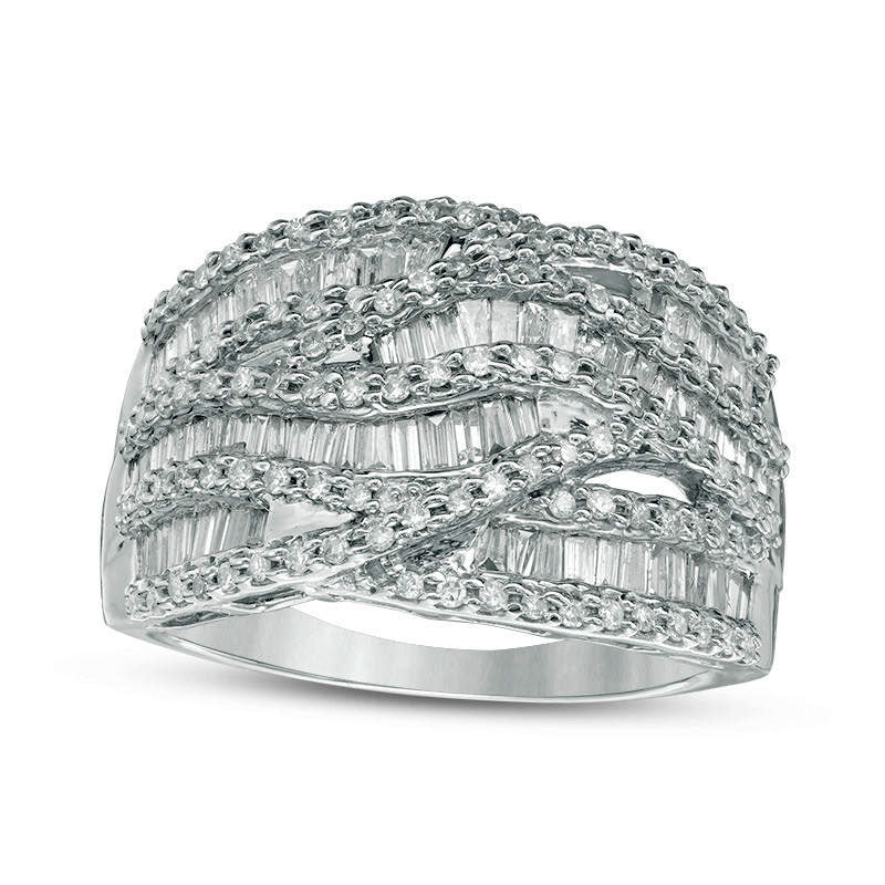 1.25 CT. T.W. Baguette and Round Natural Diamond Multi-Row Crossover Ring in Solid 10K White Gold