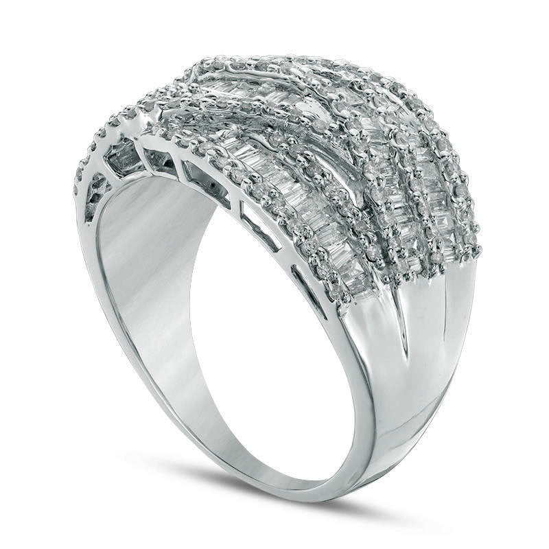 1.25 CT. T.W. Baguette and Round Natural Diamond Multi-Row Crossover Ring in Solid 10K White Gold