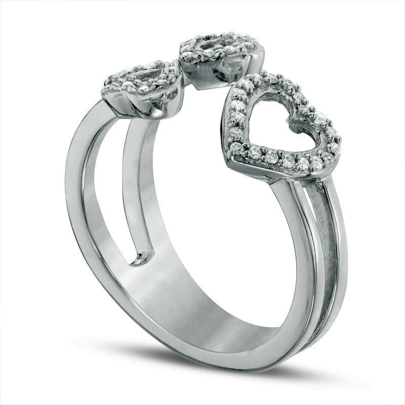 0.10 CT. T.W. Natural Diamond Three Heart Open Split Shank Ring in Sterling Silver