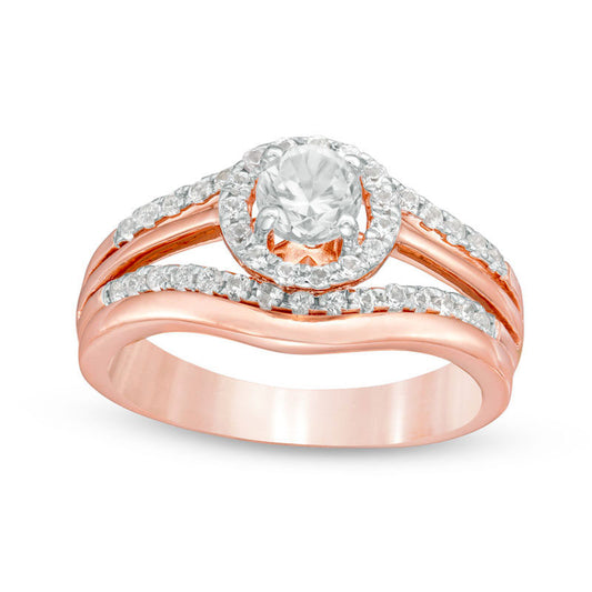 4.8mm Lab-Created White Sapphire Frame Split Shank Bridal Engagement Ring Set in Solid 10K Rose Gold
