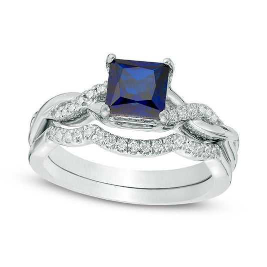 6.0mm Princess-Cut Lab-Created Blue Sapphire and 0.13 CT. T.W. Diamond Twist Shank Bridal Engagement Ring Set in Sterling Silver